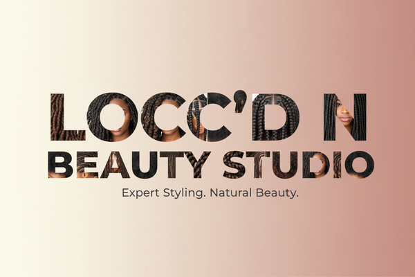 Large text filled with an image of afro american hairstyles the large text should say Locc'd N Beauty Studio 
